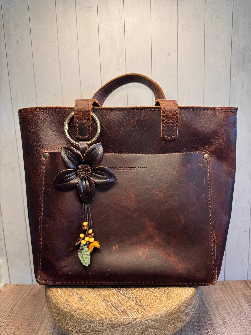 Brown Neutral Flower Daisy Purse Charm Genuine Leather Flower Bag Charm NEW!